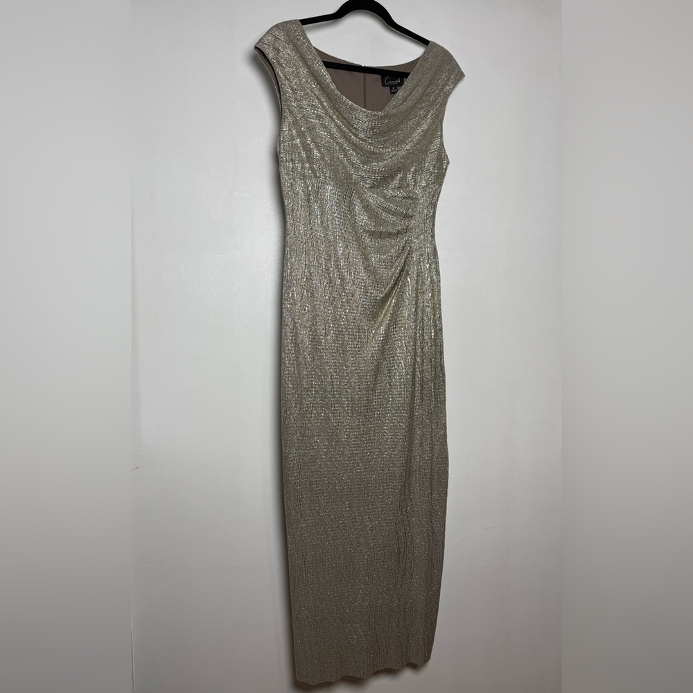 Connected Apparel Metallic Gold Draped Evening Dress Size 10